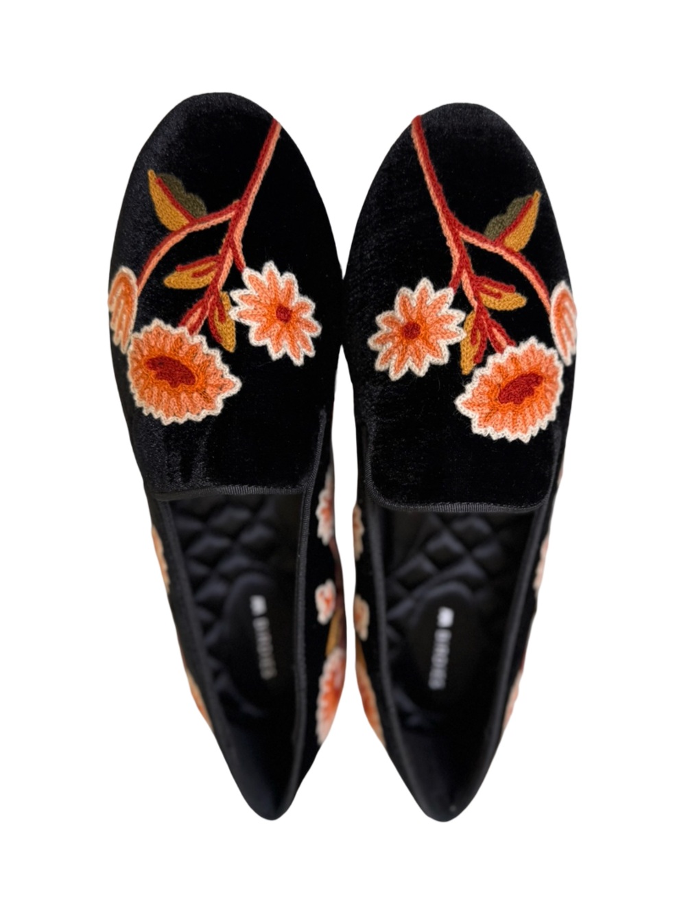Birdies Black Velvet Slip-On Loafers with Orange Floral Embroidery - Picture 4 of 10